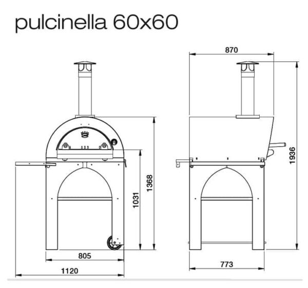 Skizze der Maße vom Clementi Pulcinella 60 x 60