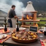 Grillkamin aus Stein mit Feuer